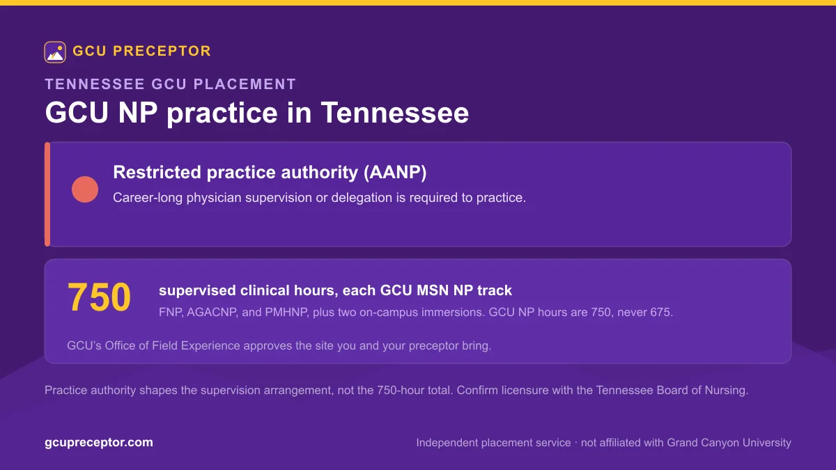 GCU NP practice in Tennessee: Restricted practice authority (AANP), with 750 supervised clinical hours for each MSN nurse practitioner track and Office of Field Experience site approval